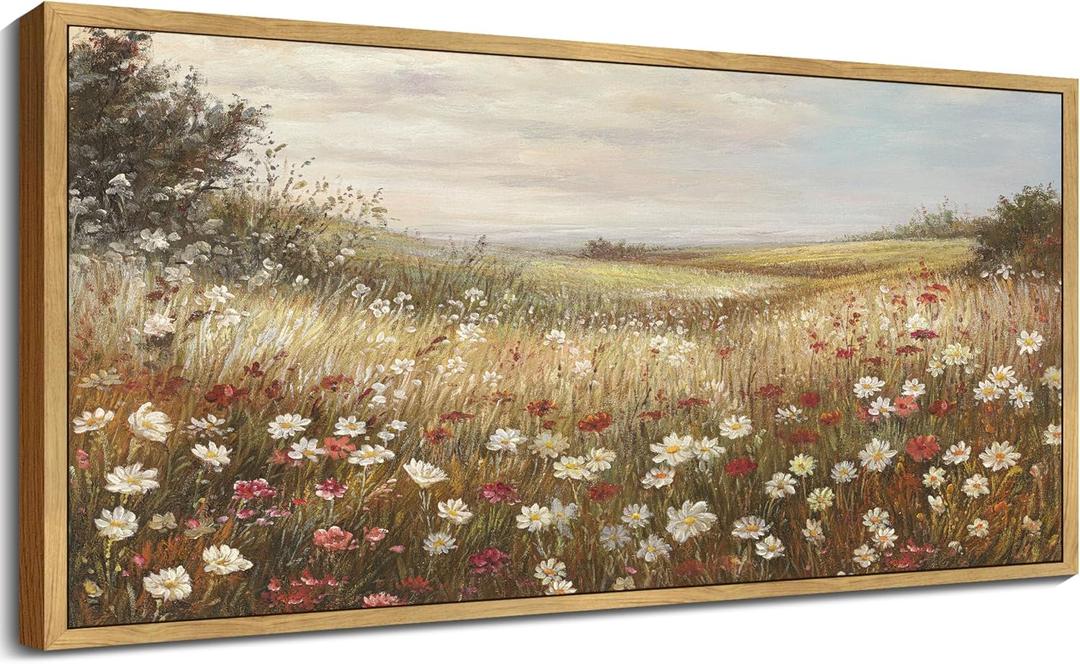 KUVIOKE Vintage Landscape Framed Wall Art 20x40in Large Grassland Meadow Wildflower Field Wall Prints Classic Retro Farmhouse Rustic Decorations for Living Room Bedroom (Natural Framed) (40L" x 20W")
