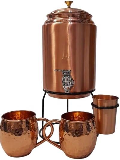 Pure Copper Plain Mate drinkware water dispenser Storage Water Tank, Pot ayurveda health healing Water Tank with Tap and set of 2 Copper hammered mug 1Glass, water container tank with 5 Ltr Capacity
