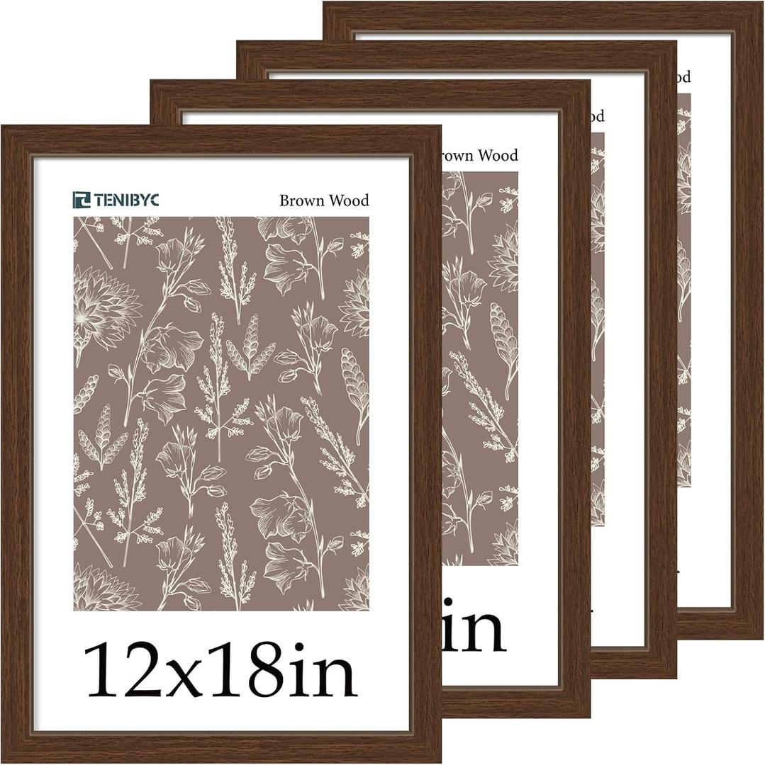 12x18 Frame Set of 4 - Brown Grain, Natural Wood & HD Tempered Glass, 12x18 Poster Frame, Vertical & Horizontal Wall Hanging
