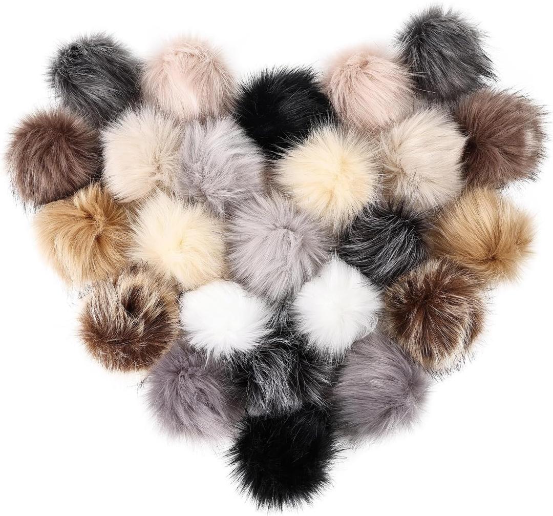 Daieparty 24 Pcs Dark Color Faux Fur Pom Pom Balls,Fluffy Pompom Balls with Elastic Loop Ball Detachable Knitting Accessories for Knitting Hats Beanies Shoes,Scarves,Glove