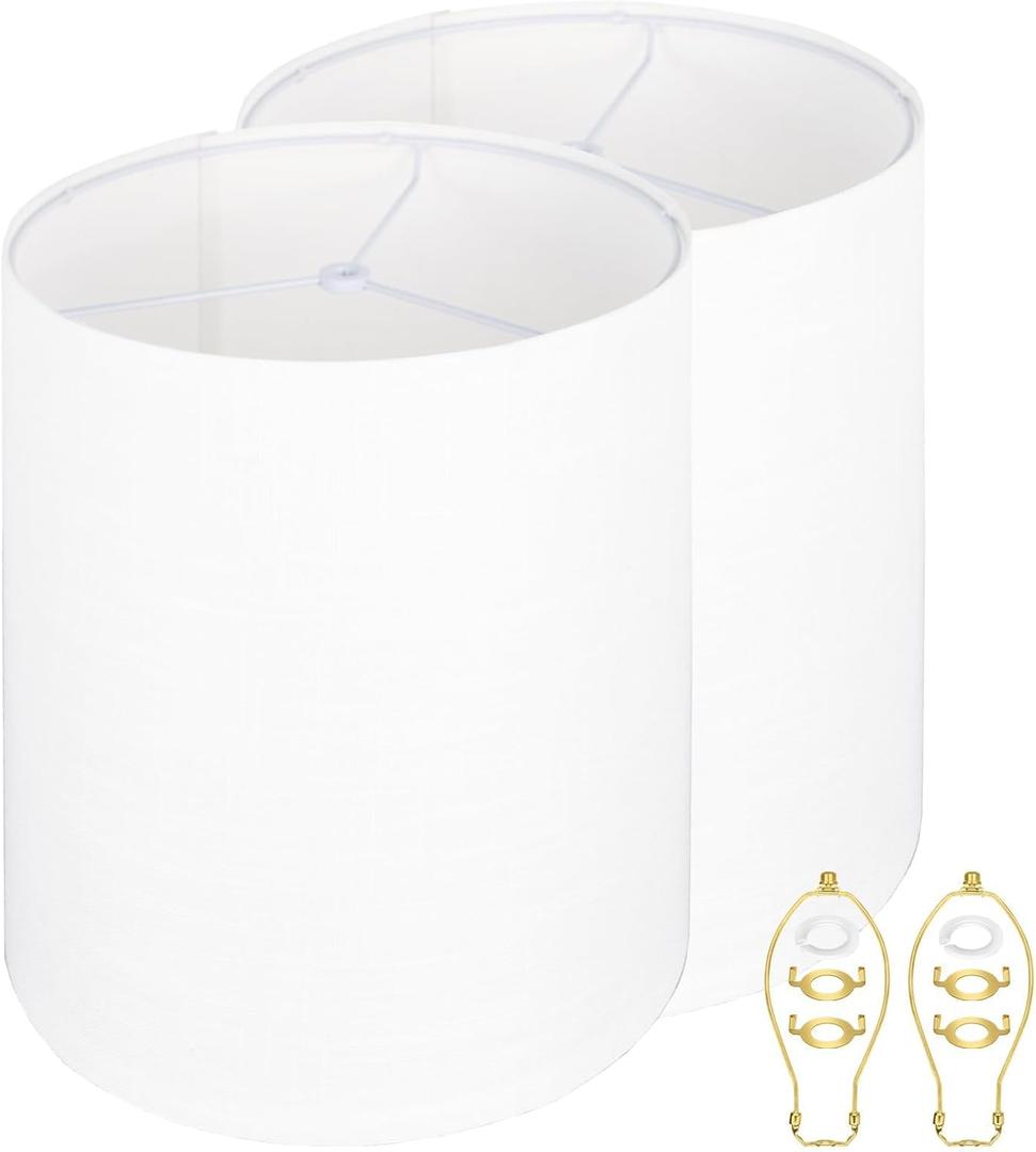 White Tall Drum Lamp Shades Set of 2, 11"Top X11" Bottom X 12"High Fits For Table Lamps, Floor Lamps Replacement Thickened High-Grade Linen, Spider, Harp Holders Included, Easy Assembly
