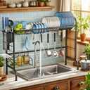 MOUKABAL Dish Drying Rack - Stainless Steel Over The Sink Dish Drying Rack (Expandable Length), Large Dish Rack with Utensil Holder, 32.3" - 33.9"(L) x 11.4"(W) x 23"(H) Black