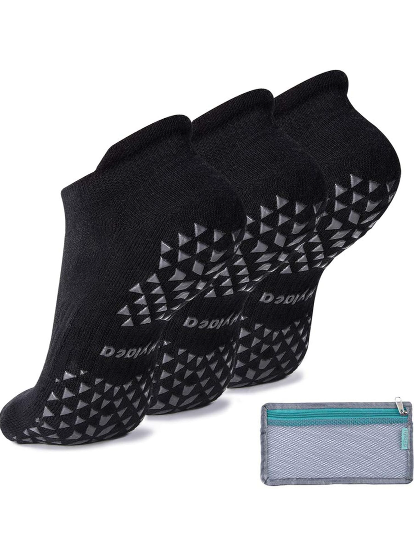 Hylaea Unisex Non Slip Socks with Grip for Yoga, Hospital, Pilates, Barre | Ankle, Cushioned, 3 Pairs Black, L/XL
