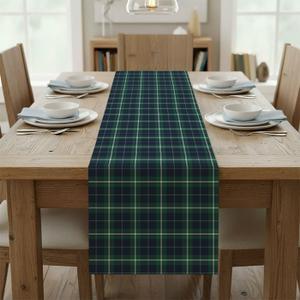 Navy Blue Green Plaid Table Runner, Linen Look Double Sided Printed Table Scarf 108x14 Inch, Seasonal Spring Holiday Modern Decoration for Living Room Outdoor Decor
