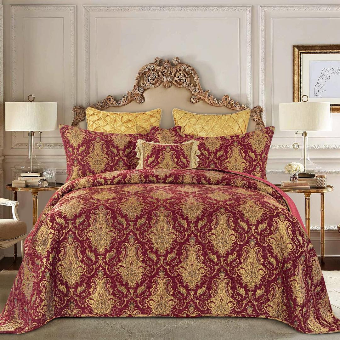 Loom and Mill Luxury Quilt Set 3 Piece, Classic Damask Quilted Bedspread King Size with 2 Shams, Soft Lightweight Jacquard Bedding Coverlet Set for Christmas All Season (Red, King) Loom and Mill Luxury Quilt Set 3 Piece, Classic Damask Quilted Bedspread King Size with 2 Shams, Soft Lightweight Jacquard Bedding Coverlet Set for Christmas All Season (Red, King)