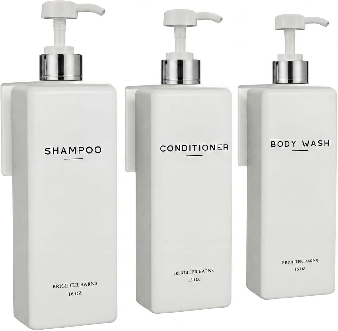 Luxury Shampoo and Conditioner Dispenser Set Wall Mounted by Brighter Barns - Shower Bottles 3 Chamber No Drill - 16oz Refillable Shampoo Dispenser for Shower Wall, Vacation Home, Hotel (White/Silver)