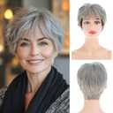 Women's Short Gray Pixie Cut Wig with Bangs Natural Looking Synthetic Hair for Cosplay Daily Wear