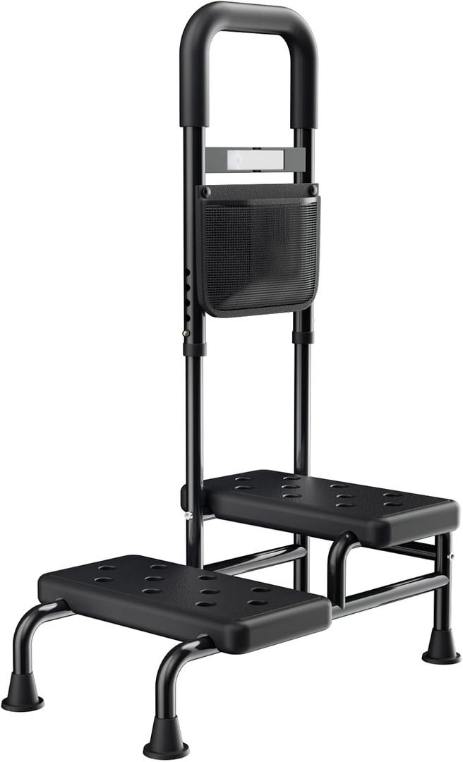 Step Stool with Handle for Adults- Step Stools for Seniors with Adjustable Handrail, Non-Skid Platform, Elderly, Foot Stool, Bed Steps for High Beds for Adults (2 Step Stool)