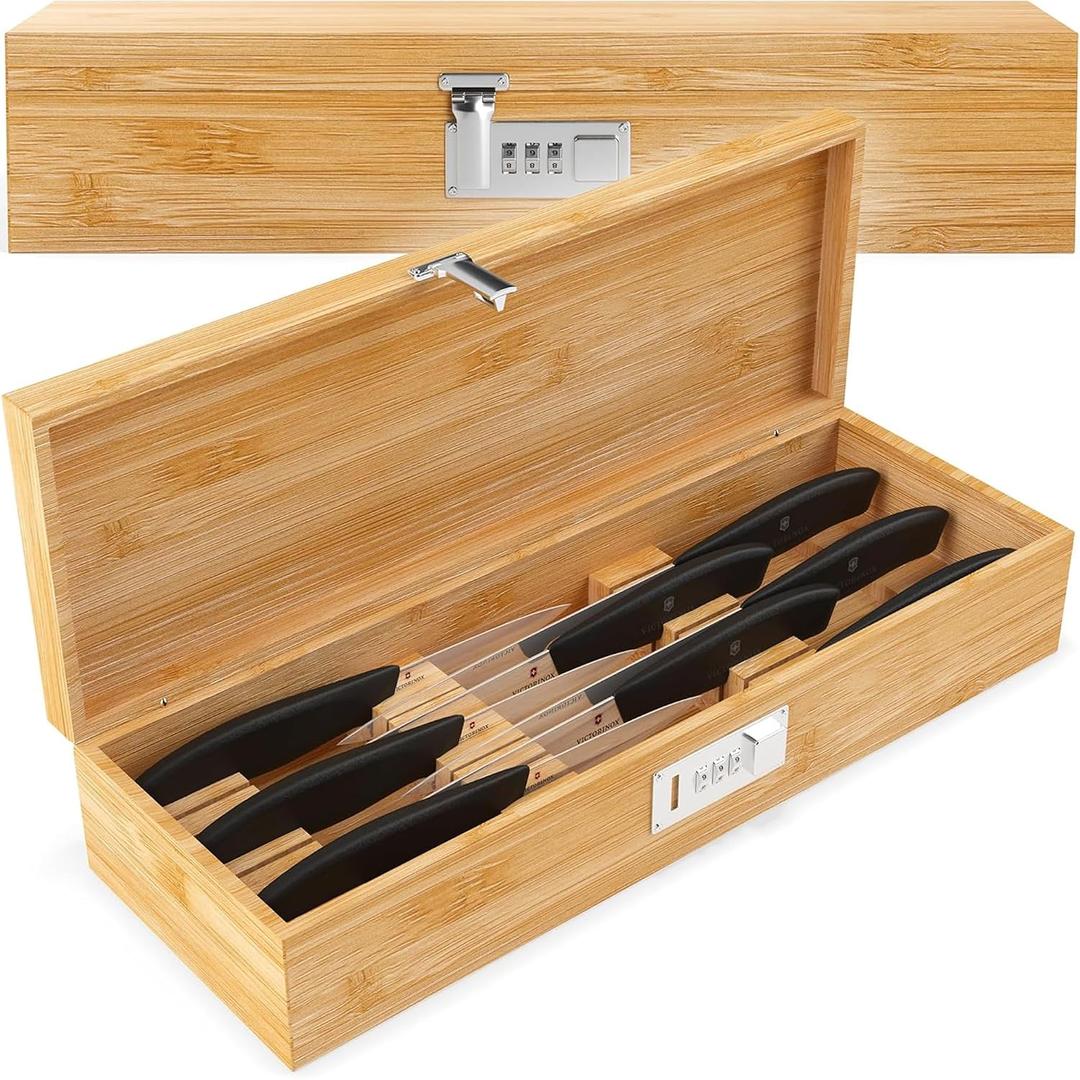 Upgraded Combination Lock Bamboo Locking Kitchen Knife Storage Secure & Eco-Friendly Wooden Knife Box with Improved Quality, Fits in Drawers & Keeps Knives Safe