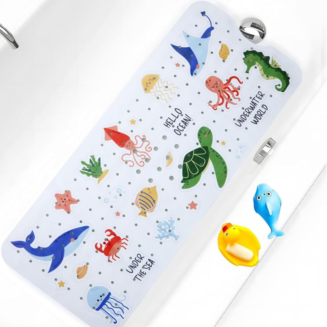 Baby Bath Mat for Tub Non Slip Kids Bathtub Mat Extra Long 40X16 Inch Toddler Bath Tub Shower Mat Anti Slip with Suction Cups & Drain Holes, Machine Washable (Under the sea)