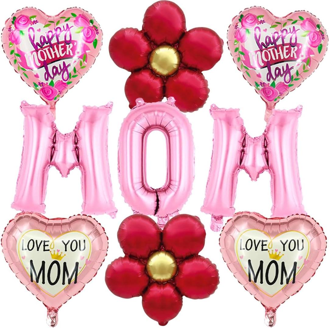 Mothers Day Balloons 16 Inch Pink MOM Letter Balloons Flower Balloons Heart Balloons Mother's Day Foil Balloons for Mothers Day Decorations