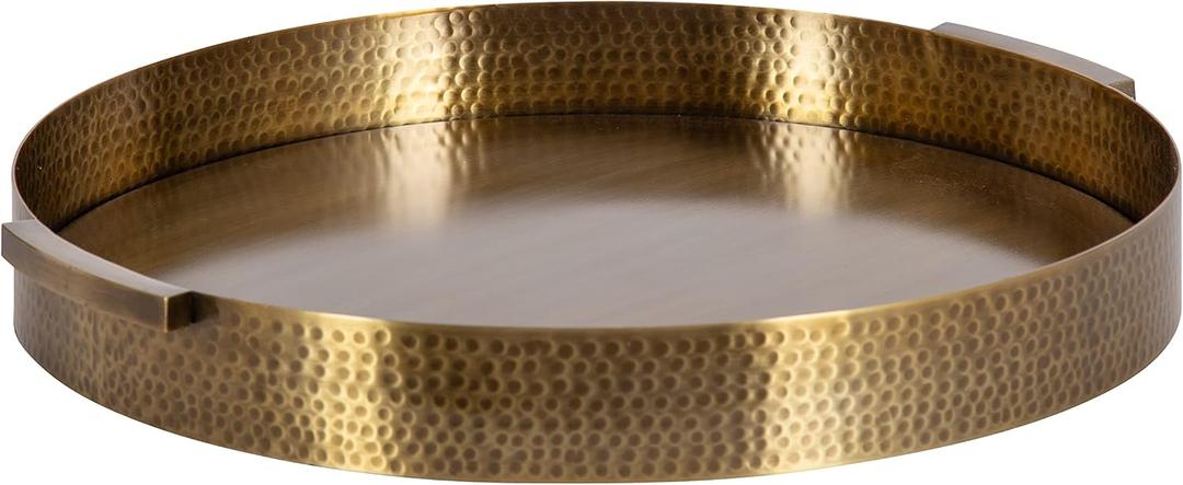 Kate and Laurel Samana Modern Glam Round Metal Tray; 17 Inch Diameter; Antique Brass; Circular Polished Decorative Tray with Hammered Surface and Minimalist Handles, 17", Gold