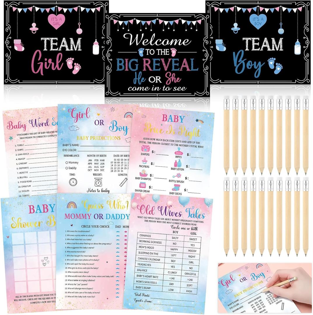 Meooeck 173 Pcs Gender Reveal Games for 25 Guests 6 Funny Baby Shower Games with 20 Pencils Boy or Girl Gender Reveal Ideas Baby Bingo Prediction Guess Mommy or Daddy Old Wives Tales Word Scramble