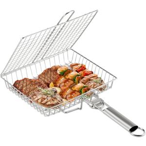 Stainless Steel Grill Baskets for Outdoor Grill, Large BBQ Fish Grill Basket with Stainless Steel Foldable Handle for Chicken Meat Vegetables Steak, Outdoor BBQ Grill Accessories Basket for Seafood
