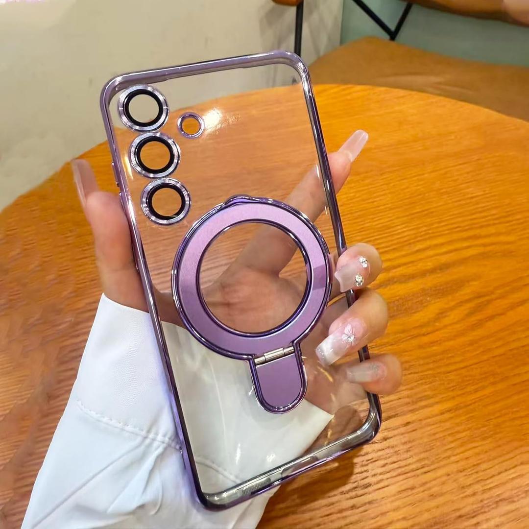 JBJZYZZ Magnetic Case for Samsung Galaxy S25 Plus Case Clear Invisible Stand Built-in Camera Lens Protector Compatible with MagSafe Protective Cover,Purple