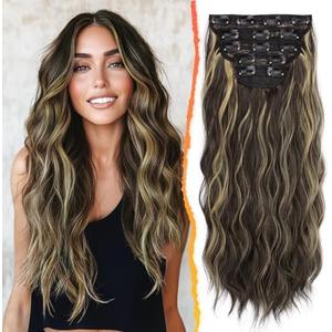 BARSDAR Wavy Clip in Hair Extensions - 20 Inch Highlight Hair Extensions Clip in for Women - 5PCs Thick Soft Synthetic Loose Wavy Clip in Hairpieces – Chocolate Brown with Highlights