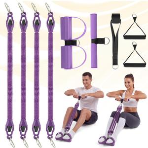 Upgrade Foot Pedal Resistance Bands with Handles, 4 Tube Adjustable Resistance Bands for Abdomen, Waist, Arm, Core/ABS, Leg Workout - Stirrup Puller for Men Women for Full Body Workout, Purple