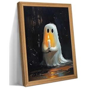 Framed Vintage Halloween Ghost Wall Art - Spooky Candle Ghost Fall Texture Pictures Wall Decor for Living Room, Kids Room, Halloween Bedroom or Party 16x24 inch