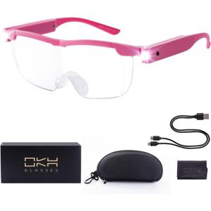 OKH 200% Magnifying Glass with Light, Rechargeable Lighted Magnifying Glass, Jewelry Magnifier with 2 LED Lights, Pink Magnifying Glasses for Close Work Reading Crafts Jewelry