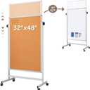 Double Sided Cork Board White Board, 32 x 48 inches Large Cork Board for Office, Height Adjustable Magnetic Dry Erase Board on Wheels, Portable Freestanding Natural Corkboard for Displaying, Planning