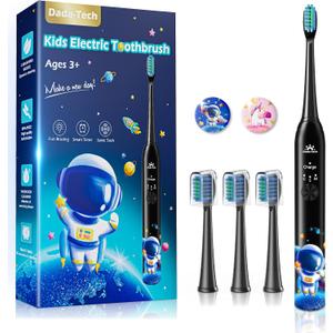 Kids Electric Toothbrush Rechargeable Age 3-5-6-12-18 Year Old, Sonic Toothbrush Kids with Timer 3 Modes 4 Vibrating Heads Habit Stickers Tooth Brush for Girls Boys and Children's (Astronaut Black)
