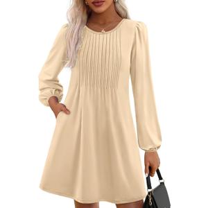 PRETTYGARDEN Fall Dresses for Women 2026 Long Sleeve Mini Short Flowy A Line Casual Holiday Party Tunic Dress Fashion Clothes (Beige, M)