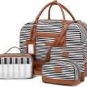 Wogarl 4PCS Weekender Bags for Women Large Overnight Weekend Travel Duffel Carry on Shoulder with Shoe Compartment Canvas Toiletry Bag for Travel Business Gym (Black White Stripe)