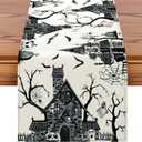 4 x Artscope Black White Spooky Haunted House Tree Ghost Halloween Table Runner, Halloween Holiday Kitchen Dining Table Decoration for Fall Home Decor 13x72 Inch