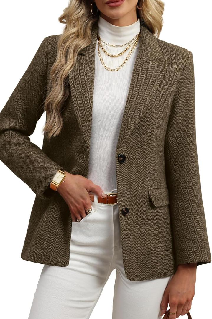 ELLEVEN Womens Wool Blend Tweed Warm Blazers Herringbone Business Casual Fall Winter Oversize Suit Jacket (XX-Large, Brown)
