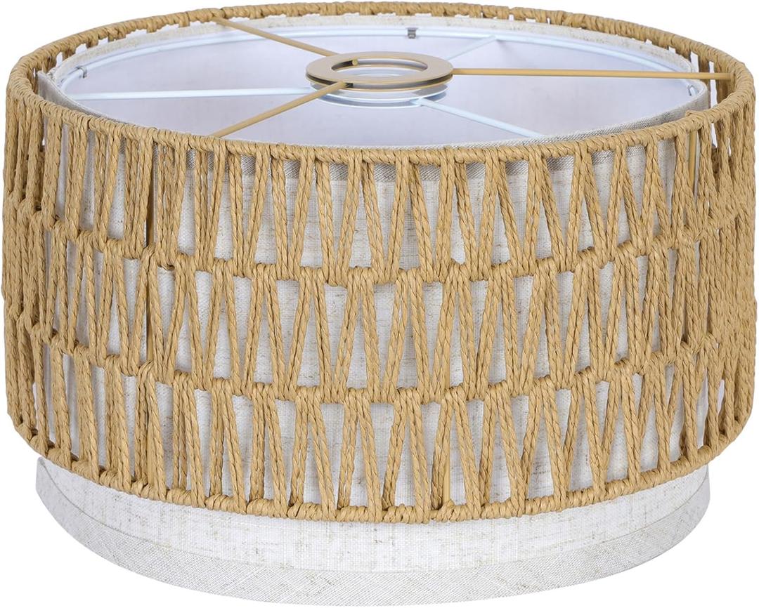 OUTON Boho Rattan Lamp Shades for Floor Lamps, 12.5" Top x12.5" Bottom x 7.5" High, Easy Assembly Rattan & Linen Double Lampshades for Table Lamps & Bedside Lamps (1.65" Spider)