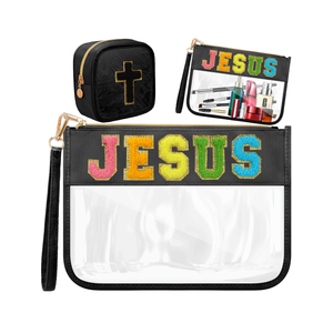 Kacctyen 2 Pcs Christian Chenille Letter PVC Makeup Cosmetic Bag, Faith-themed Gift, Bible Learning Supplies Bag for Christian Women White
