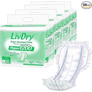 LivDry High Absorbency Pad Insert for Incontinence Briefs and Adult Diapers, Women and Men, Hyper 1200 (120 Count)