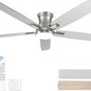 52 Inch Flush Mount Brushed Nickel Ceiling Fan with Light and Remote Control.Noiseless,Dimmable,3CCT,6 Speeds Reversible, Low Profile DC Ceiling Fans for Indoor or Covered Outdoor Use,ETL Listed