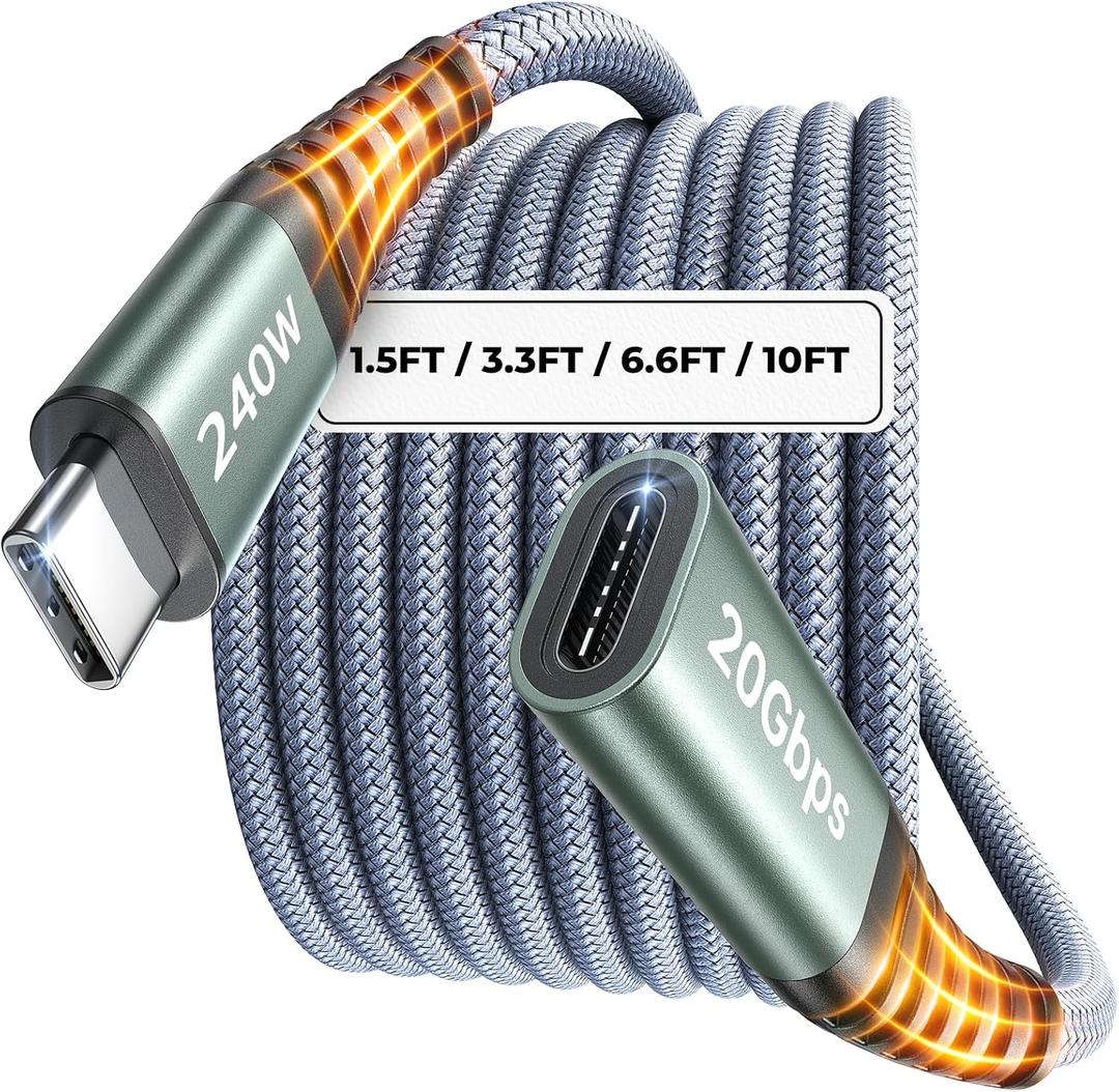 AINOPE USB C Extension Cable 6.6FT, 20Gbps/240W USB3.2 Type C Extender Cord for PSVR 2 Accessories, 4K@60Hz Video Output Braided USB C Female Extension Cable for Hub/PSVR2/Magsafe Charger/Phone,Grey