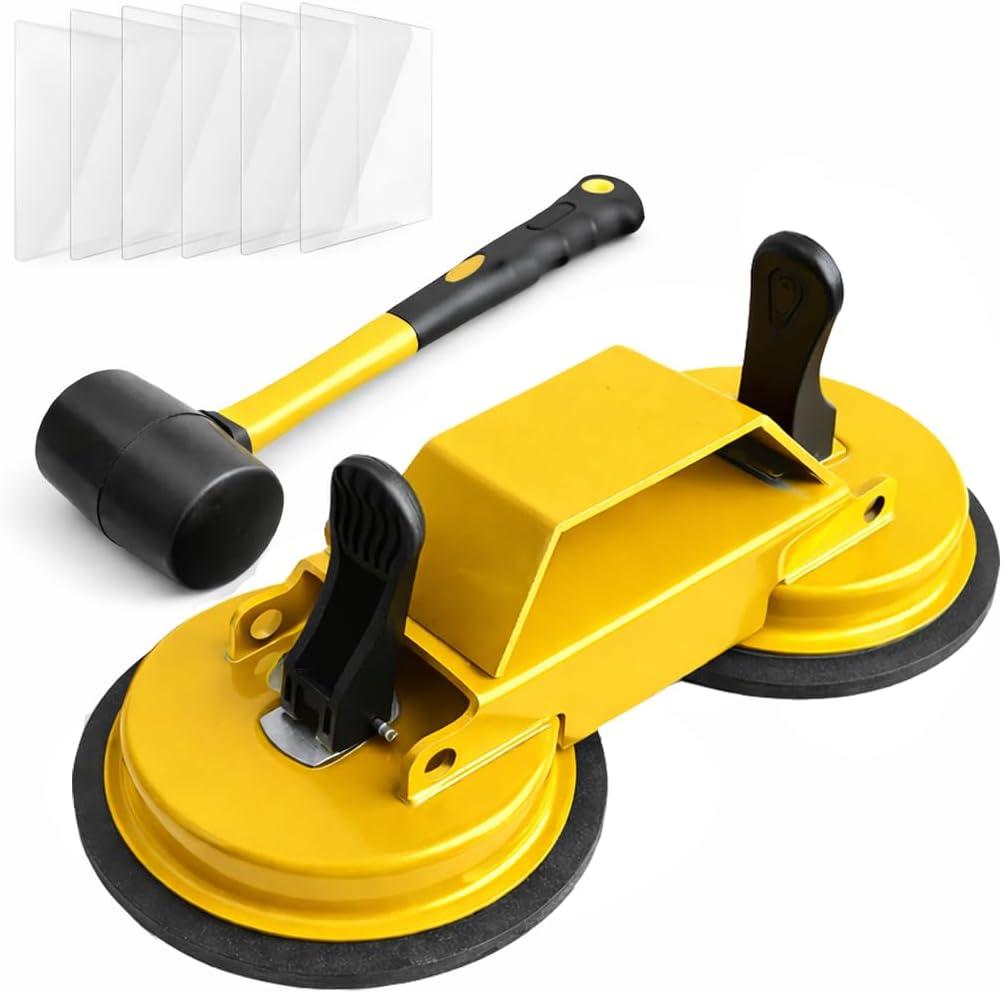 Floor Gap Fixer Tool with Dual Silicone Suction Cups & Rubber Hammer 45 Angled Striking Surface, Includes Adhesive Pads for Laminate, Vinyl Plank, SPC & Engineered Hardwood Floors