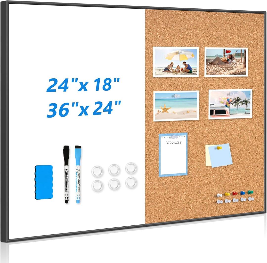 White Board Cork Board Combo, 24" x 18" Magnetic Dry Erase Board & Corkboard for Wall, Bulletin Board Vision Board for Home Office School, Black Aluminum Frame