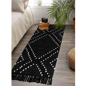 HAOCOO Boho Bathroom Runner Rug 2 X 4.3, Black Geometric Washable Woven Cotton Diamond Area Rug, Chic Moroccan Tribal Tassel Kitchen Rug,Throw Floor Mat Carpet Decorative for Living Room Bedroom, Black 
