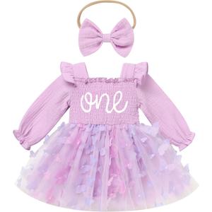 ODASDO Baby Girls First Birthday Outfit Sqaure Neck Ruffle Long Sleeve Tulle Tutu Romper Dress with Bow Headband (12-18 Months, Purple)