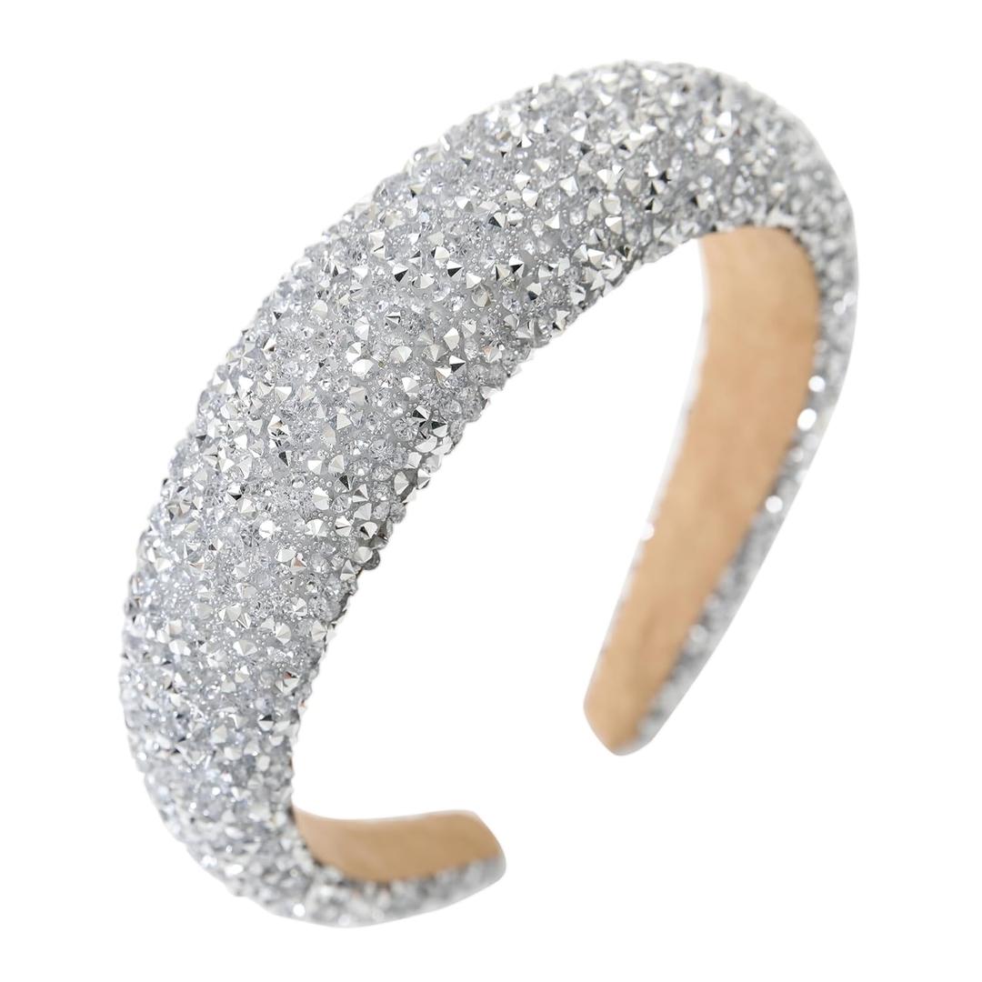 Silver Diamond Rhinestone Headbands for Women Girls Bling Sparkle Beaded Crystal Headband Jeweled Thick Padded Hairband Non Slip Glitter Hair Hoop Accessories B-Silver