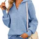 Womens Polo Long Batwing Sleeve V Neck Pullover Sweaters Solid Ribbed Collar Knit Sweater Oversized Chunky Jumper Tops Blue M
