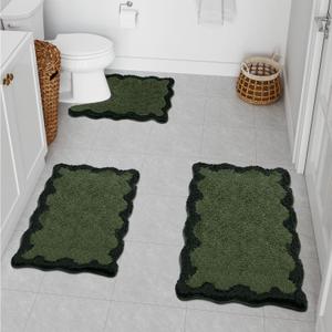 Uphome Scalloped 3 Piece Bathroom Rug Set Green Non-Slip Cute Bath Mat with U-Shaped Contour Quick Dry Absorbent Plush Microfiber Toilet Mat Modern Machine Washable Fun Floor Mats for Sink Tub Shower (18"x26"+20"x32"+U Shape 20"x24")