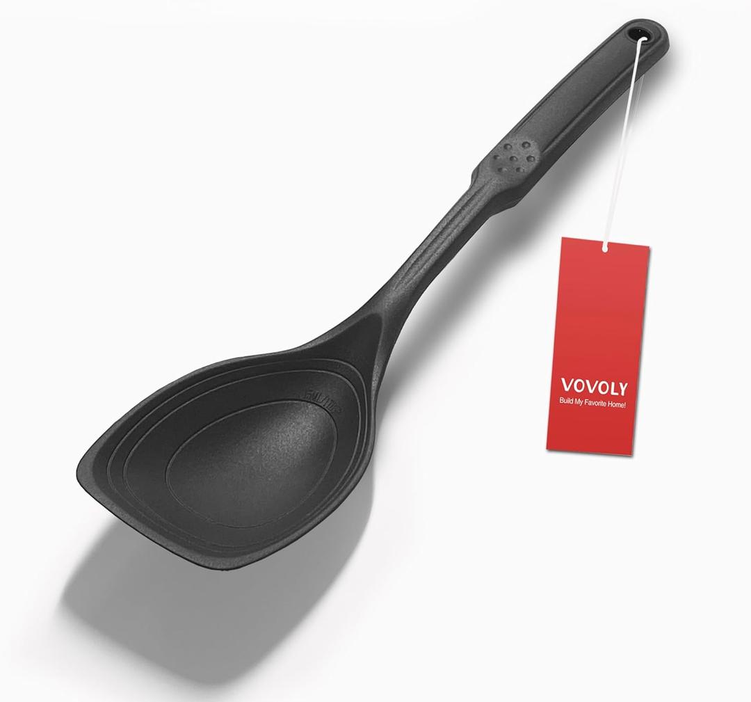 Large Silicone Cooking Spoon, Non-Stick Solid Spoon set with Deep Bowl and Measurement Mark for Mixing, Serving, Draining, Scooping, Scraping, Heat Resistant Kitchen Utensils, Black 