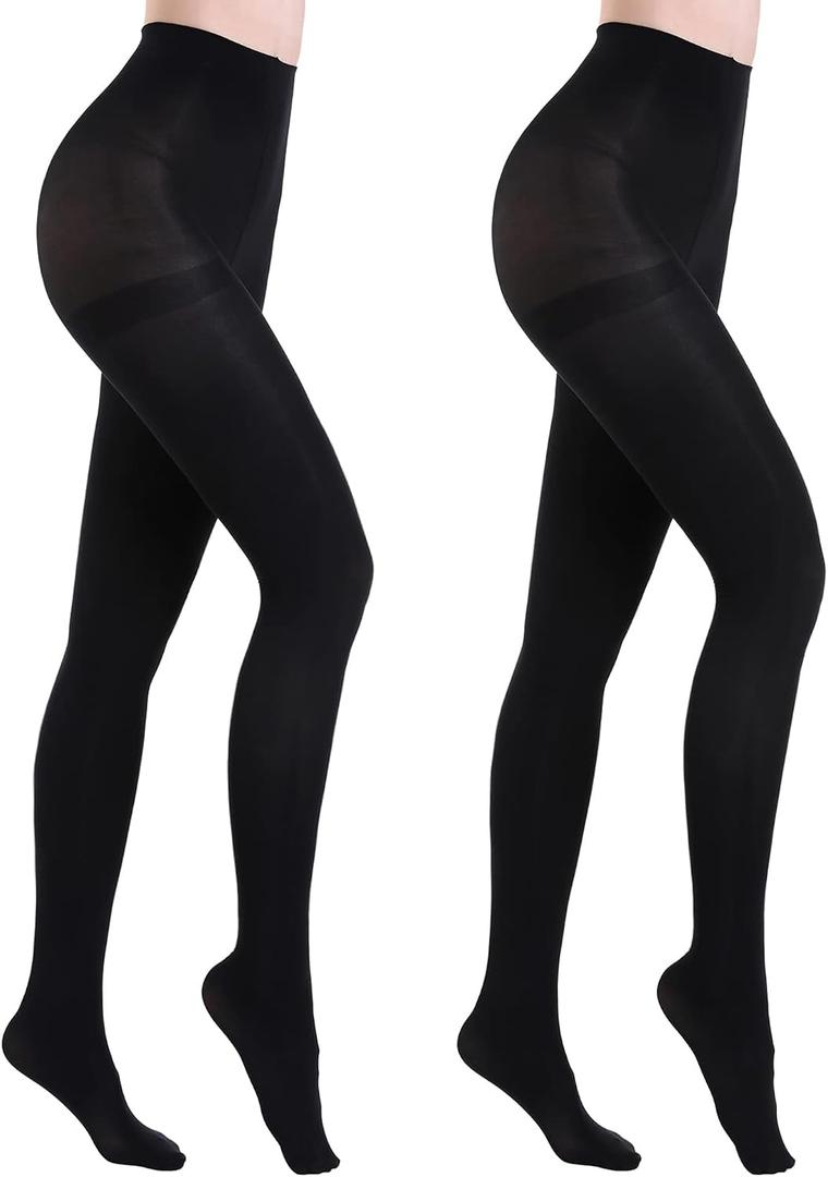 HA WA 2 Pairs Women's Opaque Tights, 40D Control Top Nylon Pantyhose Sheer Stockings for Women (Black)