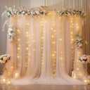 10ft x 8ft Champagne Backdrop Curtain with Lights String for Parties, Sheer Tulle Wedding Photo Backdrops Drapes for Baby Shower Birthday Party Decorations Background for Photography