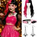 Swooflia Pink Black Wavy Wig for Women & Cosplay Accessories - Convenient Set Includes Adjustable Wig Cap, Choker, Earrings, Cosplay Wig for Halloween, Costume, Party and Daily Use (Wig-19)