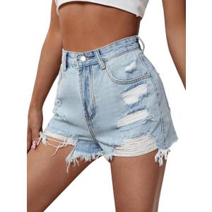 Floerns Women's Ripped Raw Hem High Wait Straight Leg Solid Denim Shorts (Large)
