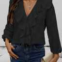 GORGLITTER Women's Ruffled Top Blouses Dressy Business Casual Button Up Long Sleeve V Neck Shirts Work Office Outfits (L)
