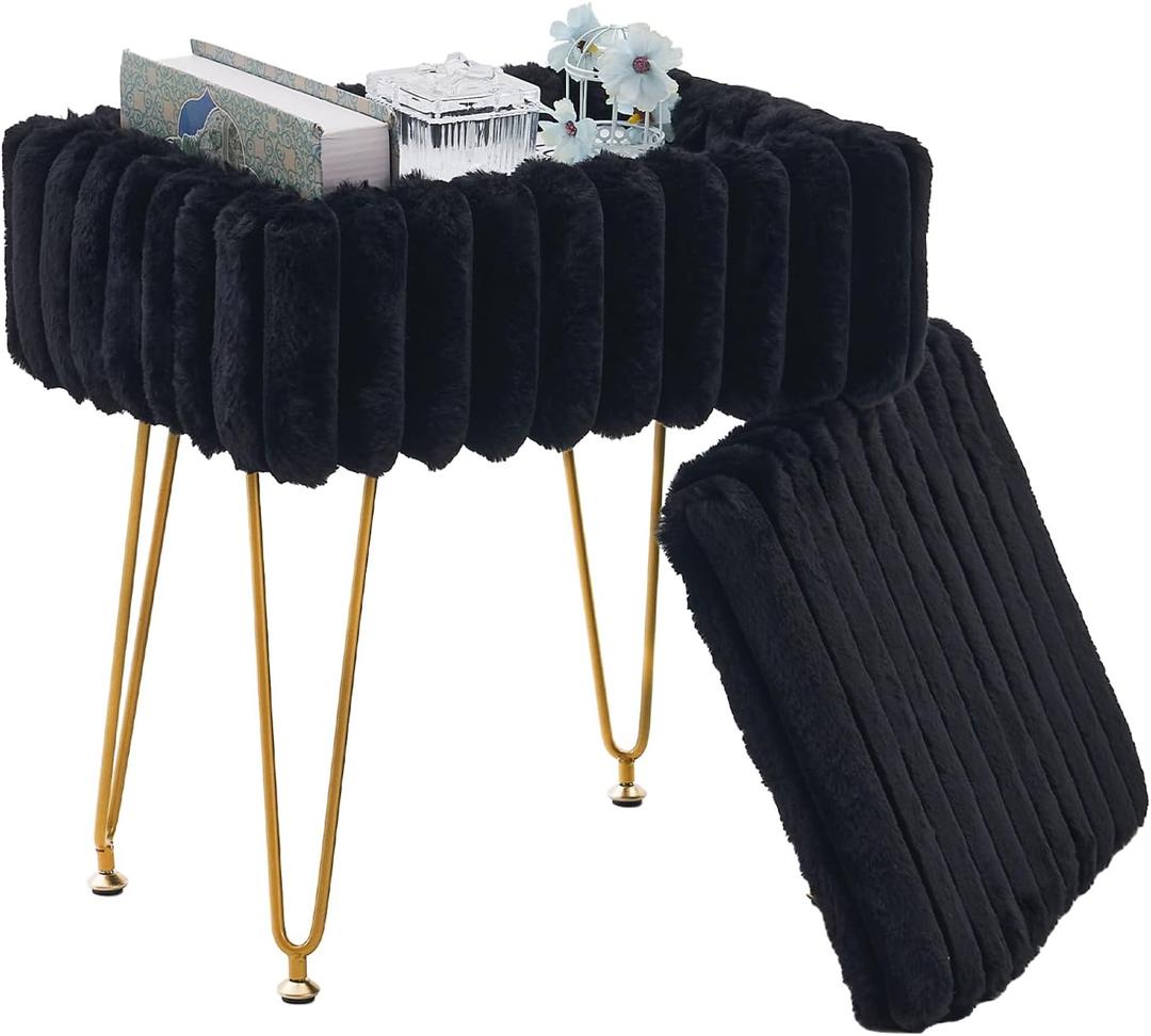 Wimarsbon Storage Ottoman, Vanity Stools with Metal Legs, 16.5" x 11.8" x 18" Modern Faux Mink Fur Footstool, Makeup Chair with Anti-Slip Feet, Accent Table,Footrest,Storage Bench for Bedroom (Black)