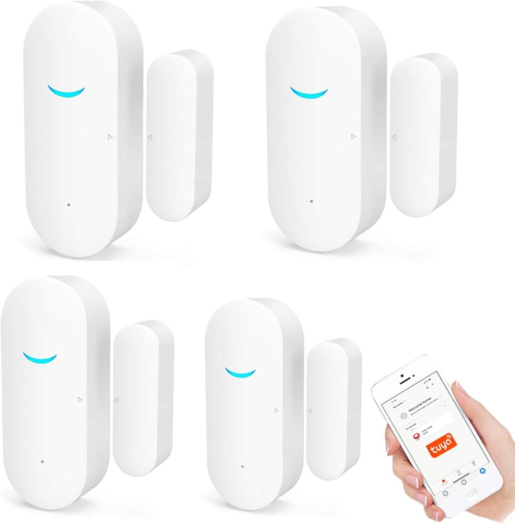 4 Pack WiFi Door Window Sensor Detector: Wireless Security Alarm Door Sensor, Tuya Door Open Contact Sensor, Compatible with Alexa,Google Home,Siri, Smart Door Sensors for Home Business Security