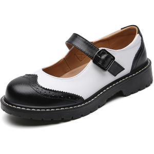 XMM Mary Jane Shoes Women Mary Janes Flats Ladies Oxford Shoes for Women Comfort Leather Round Toe Non-Slip Dressy Casual Cute Girls School Work Shoes (8, Black/White)